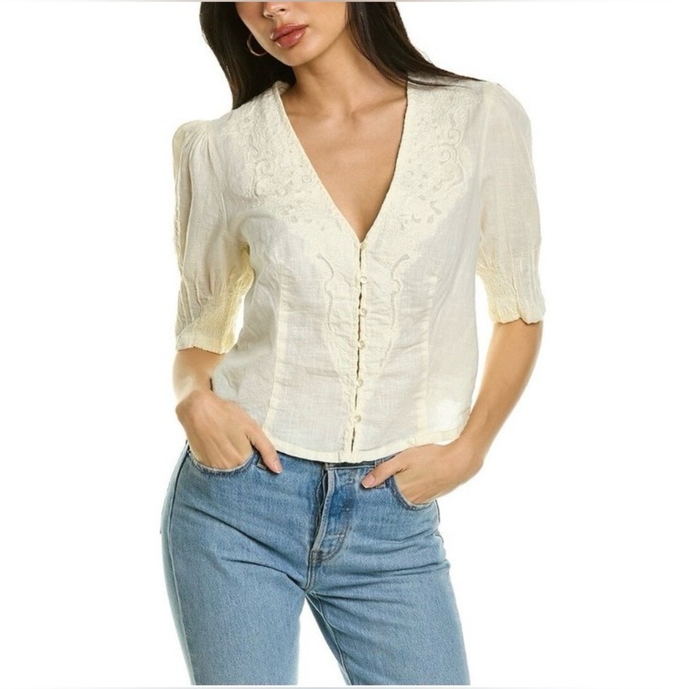 FREE PEOPLE Laurie V-neck GATHERED back feminine SEXY Luxury TOP BLOUSE EUC med